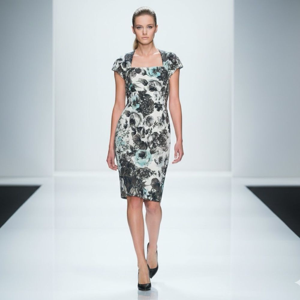ESCADA•Floral Print Cap Sleeve Midi Sheath Dress